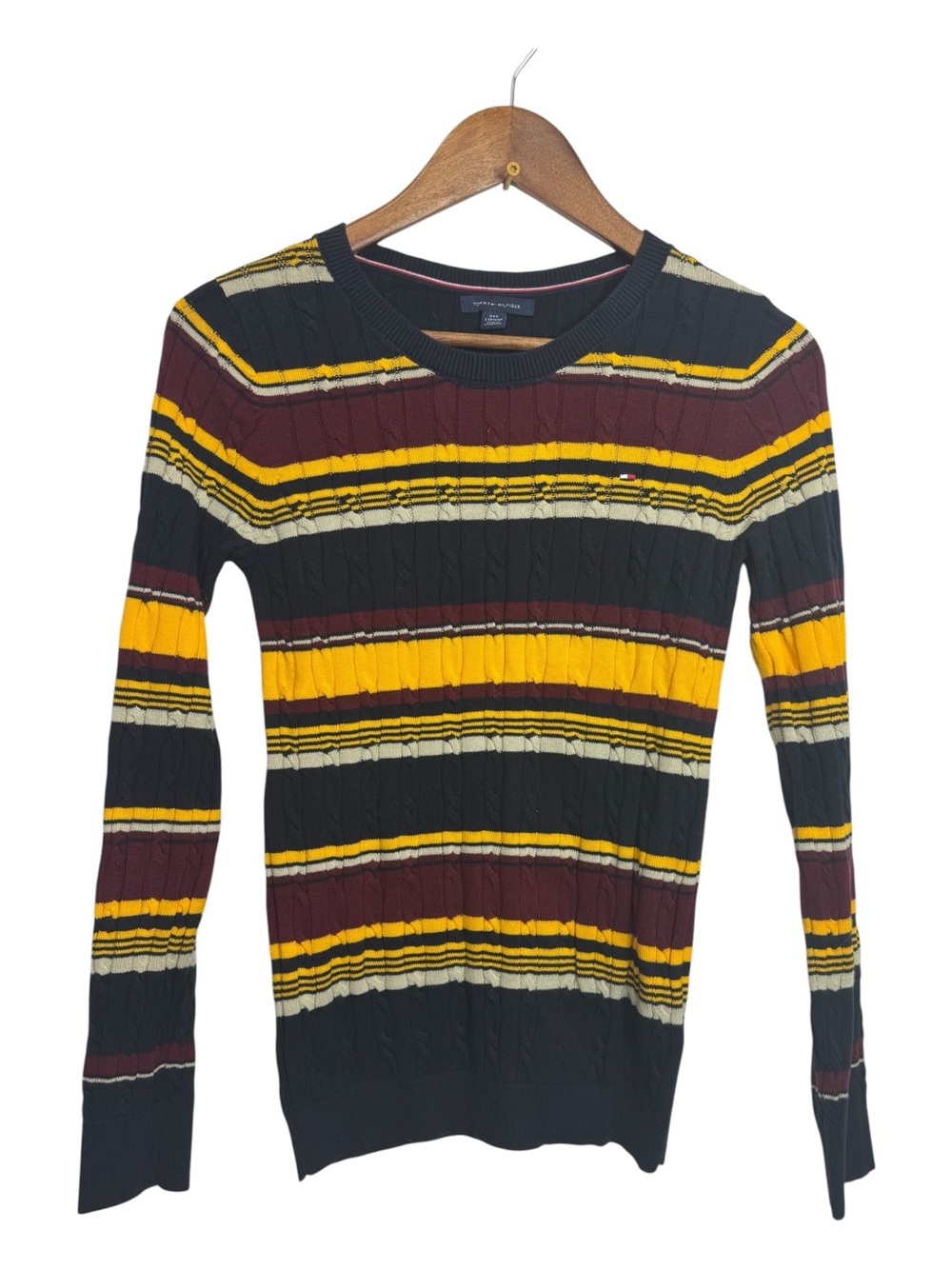 Tommy Hilfiger Striped Crewneck Sweater in Black, Yellow & Burgundy